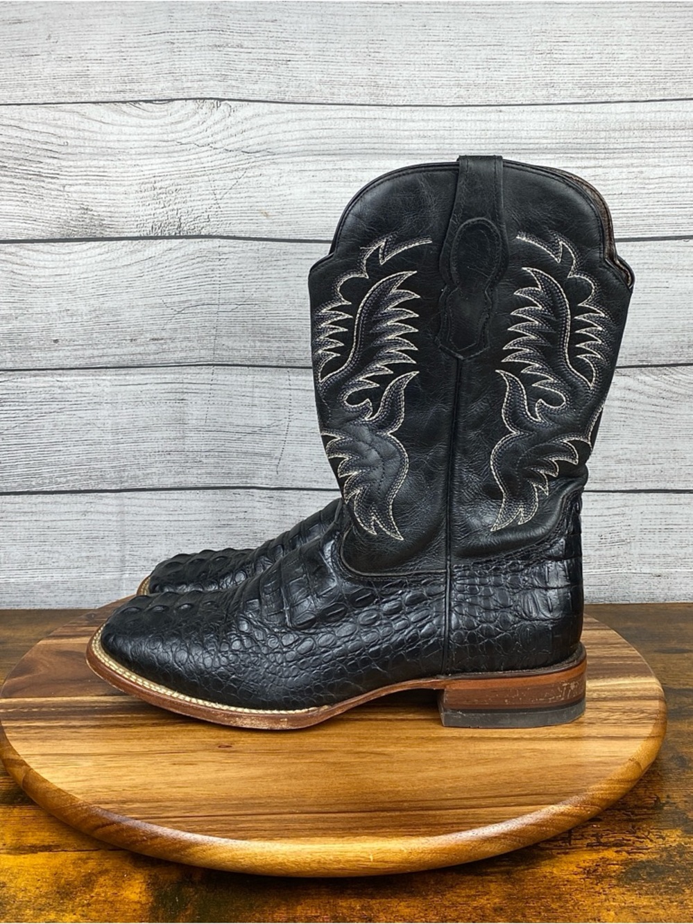 Reywelt Men’s Caiman Black Leather Snake Print Square Toe Cowboy Boots Size 11.5